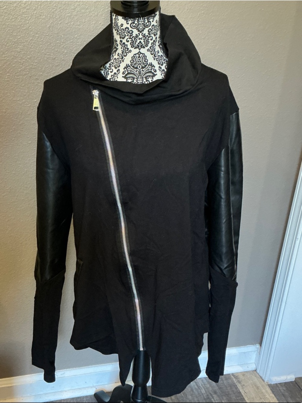 Black Asymmetrical Zip Utility Jacket with Faux-Leather Sleeves
